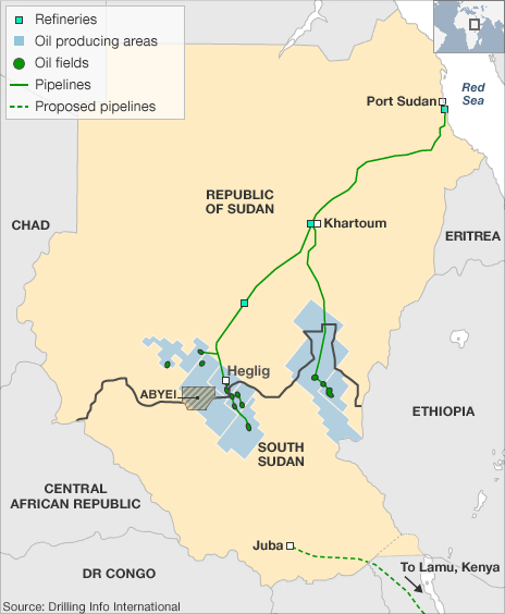 Map showing position of oilfileds in Sudan, source: Drilling info international