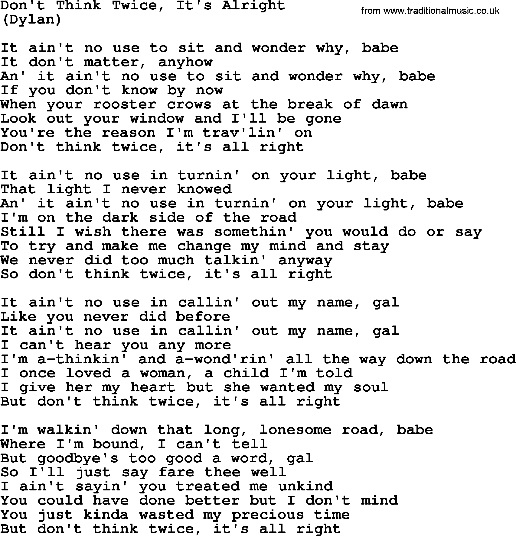 Don T Think Twice It S Alright By The Byrds Lyrics With Pdf