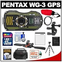 Pentax WG-3 Shock & Waterproof GPS Digital Camera with 32GB Card + Helmet & Handlebar Mounts + Battery + Case + Flex Tripod + Accessory Kit