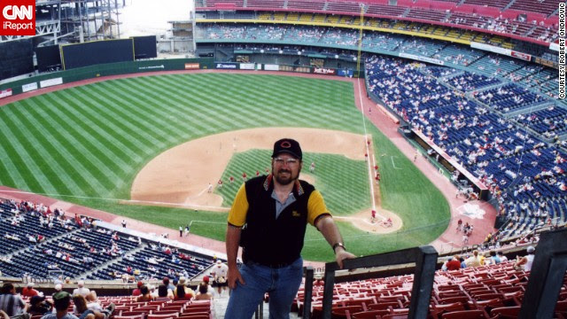Ondrovic poses for a photo in the stands at the home of baseball's first professional franchise, the Cincinnati Reds. The team played there from 1970 to 2002, when it was demolished. The team now plays at Great American Ballpark.