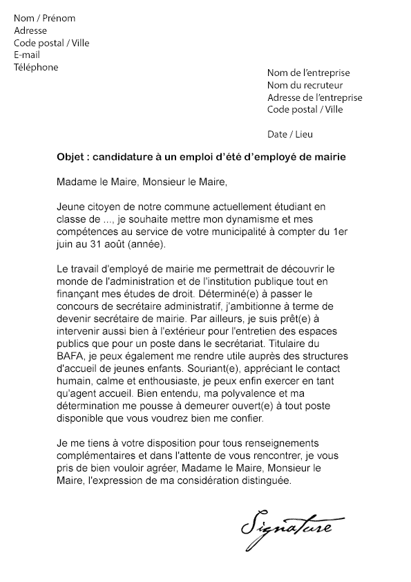 Lettre de motivation Job d'été Mairie - Modèle de Lettre