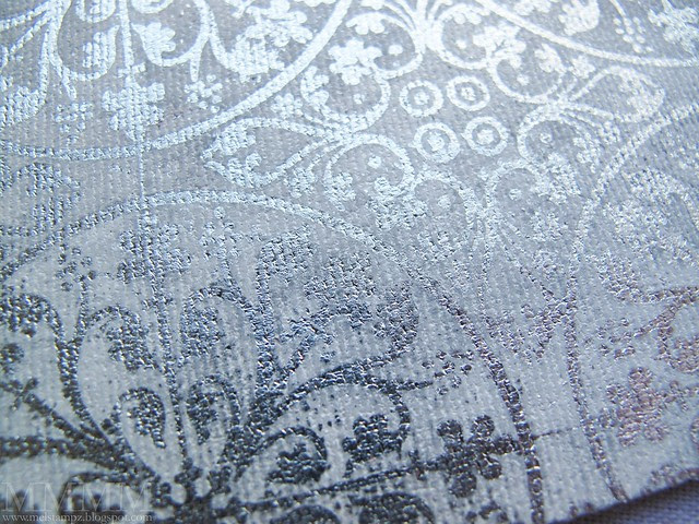 CLOSE silver leaf on back of sticky back canvas acrylic paint resist HA stamp by Mel Stampz