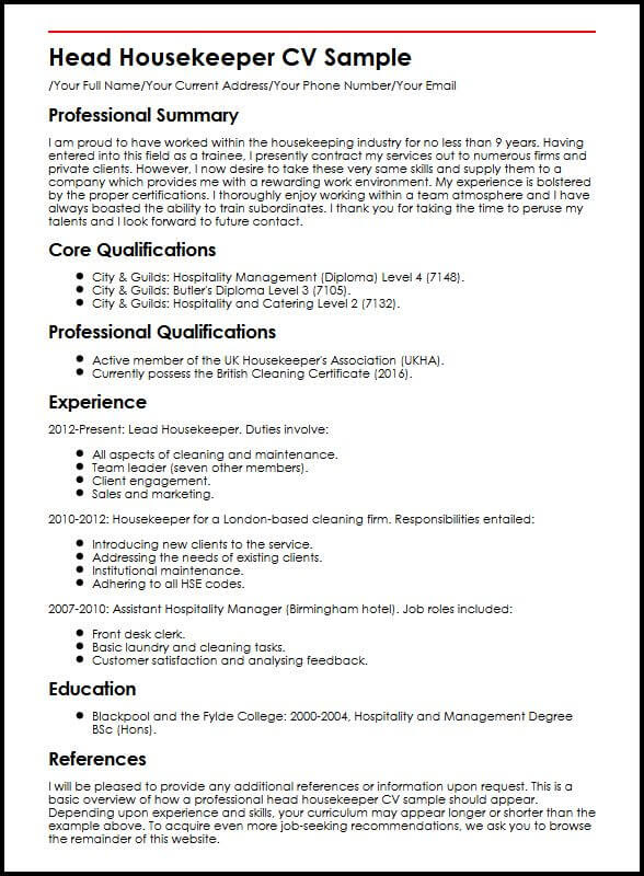Head Housekeeper Cv Sample Myperfectcv