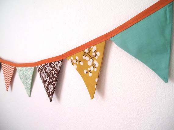 Fall/ Autumn Bunting Banner Garland-Aqua Blue, Spiced Orange, Mustard Yellow,  Warm Brown, Red