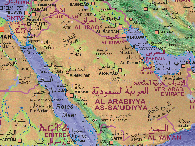 Map of Saudi Arabia with surrounding areas. - Landkarte von Saudi-Arabien.