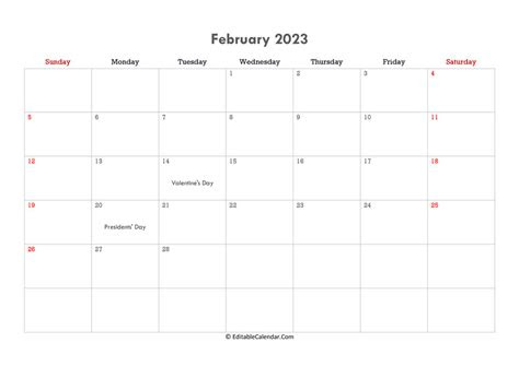  editable calendar february 2023