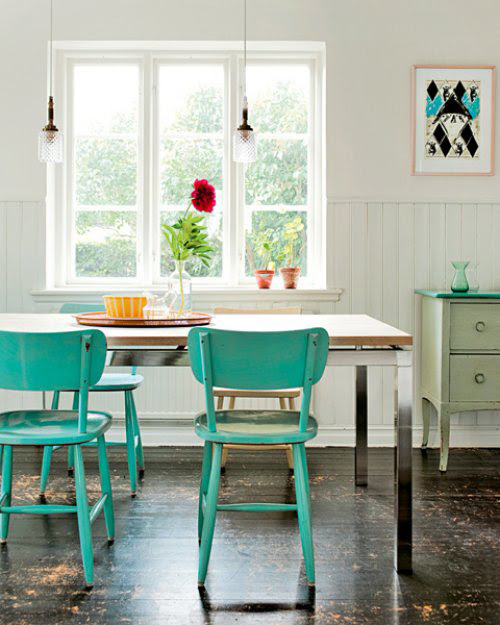 teal chairs (via a charming home in sweden | the style files)
