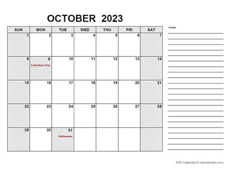  october 2023 calendar with holidays calendarlabs