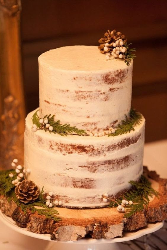 eine einfache, halb nackt Hochzeitstorte dekoriert mit tannenzapfen, farne und Beeren für eine Rustikale winter-Hochzeit