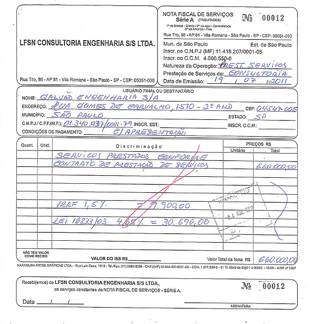 Recibo da Galvão Engenharia à LFSN que seria referente a propina, segundo a empreiteira