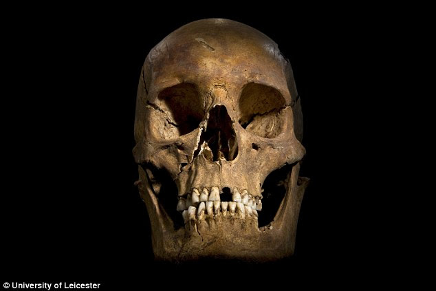 Genetic analysis of a battle-scarred skeleton (pictured) discovered under a council car park in Leicester three years ago has confirmed it did indeed belong to the last Plantagenet king, but it raises a question mark over the current Queen's royal heritage