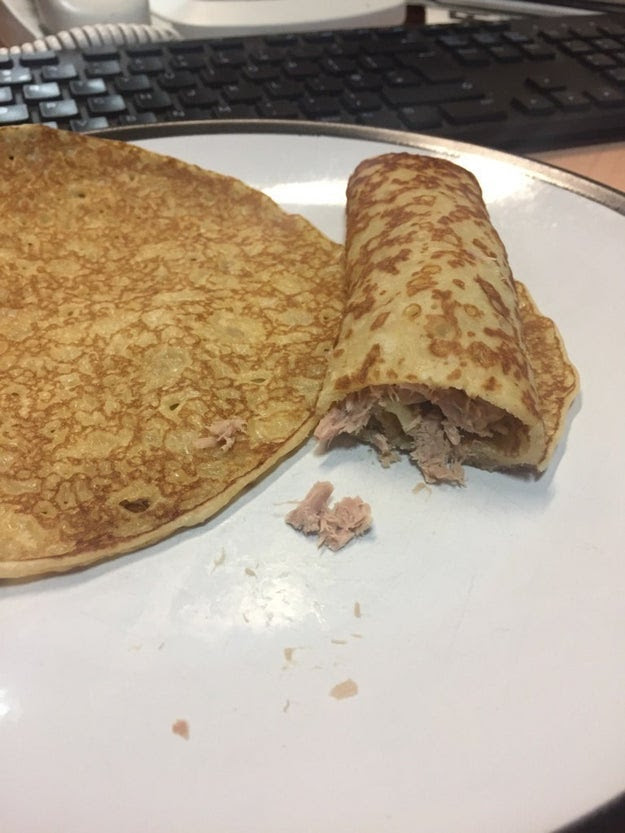 Yes, this "best breakfast" appears to be a pancake...filled with tuna. Its unclear if the tuna is mixed with anything.