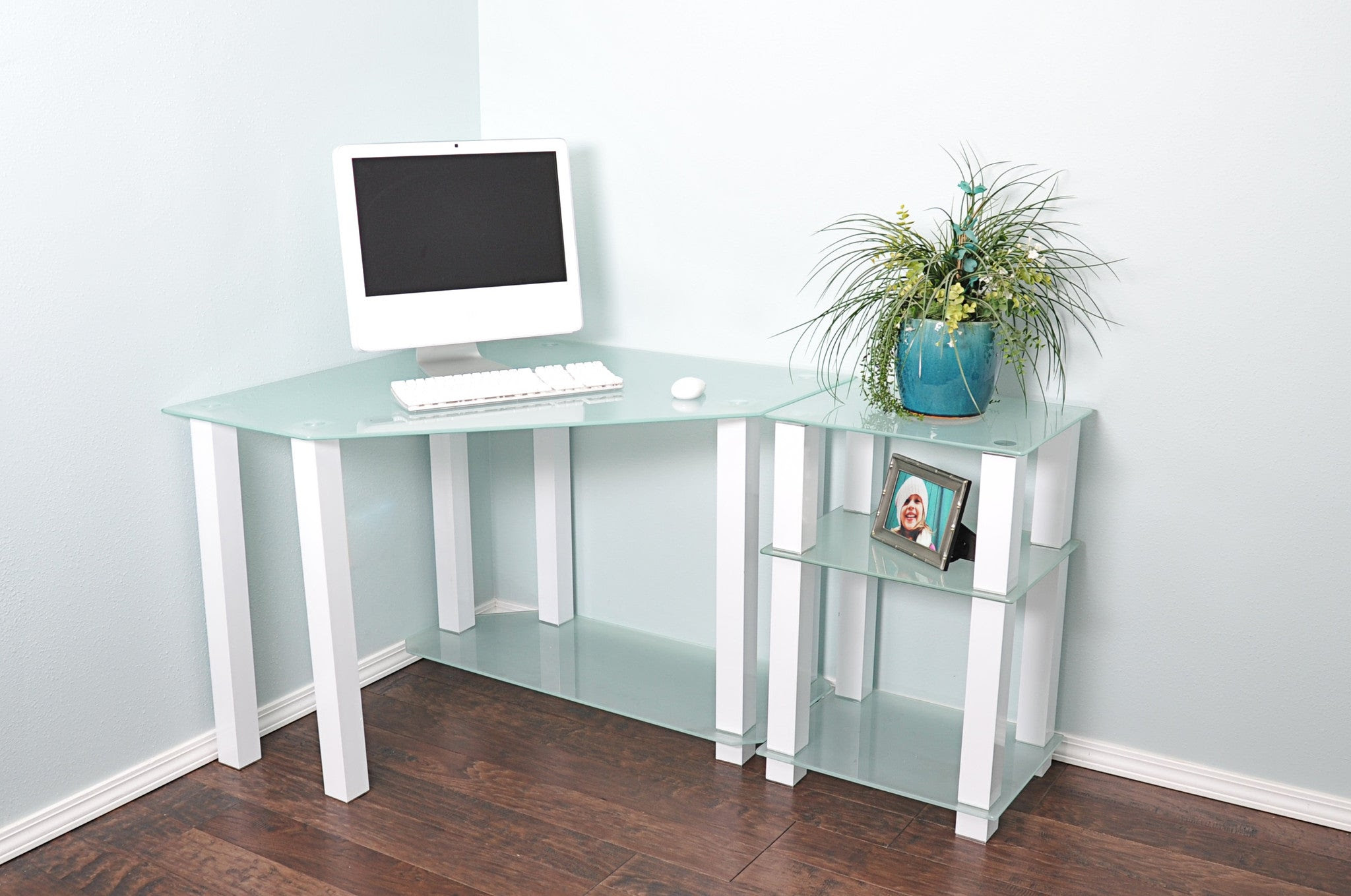 Modern White Glass Corner Desk with 20" Extension – ComputerDesk.com