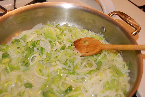 Sauteeing the leeks in butter and wine