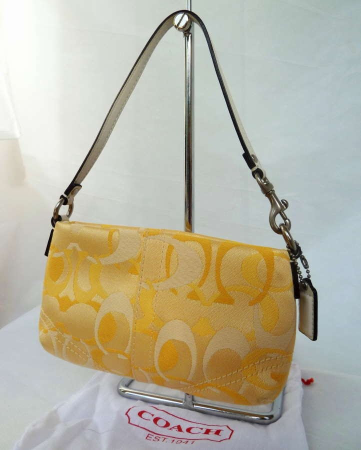 COACH Yellowwhite signature wristlet or Small Bag + Dust Bag *Mint*