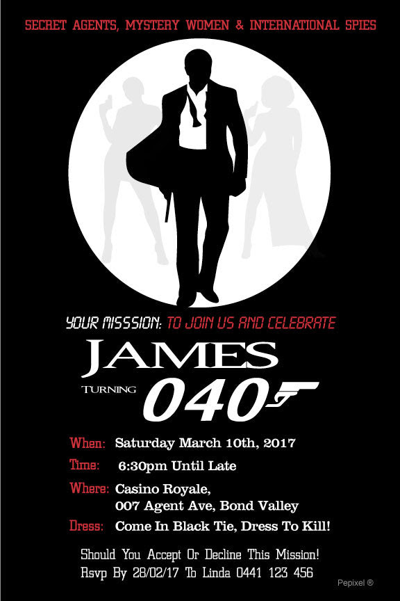 40th Birthday Invitation 007 SPIES James Bond