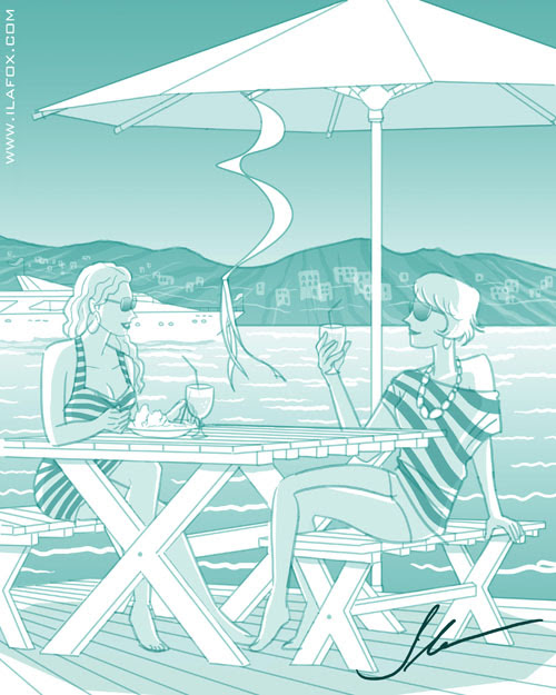 Luxo, poder e glamour, Ibiza, duas mulheres conversando, amigas, ilustração by Ila Fox
