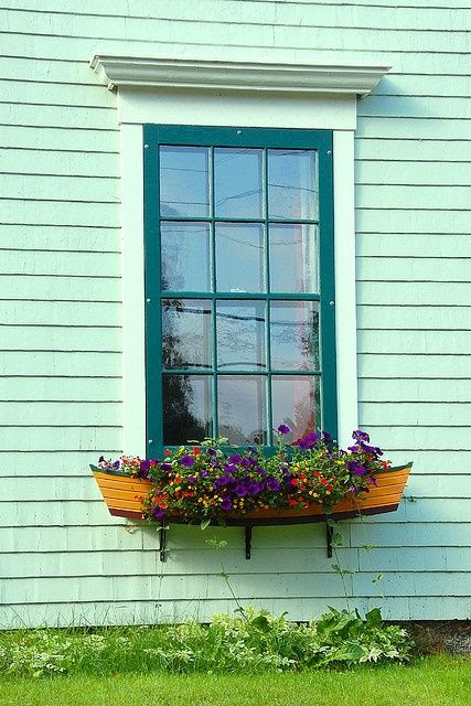 Boat shaped window box and flowers really dreass this plain window up ...