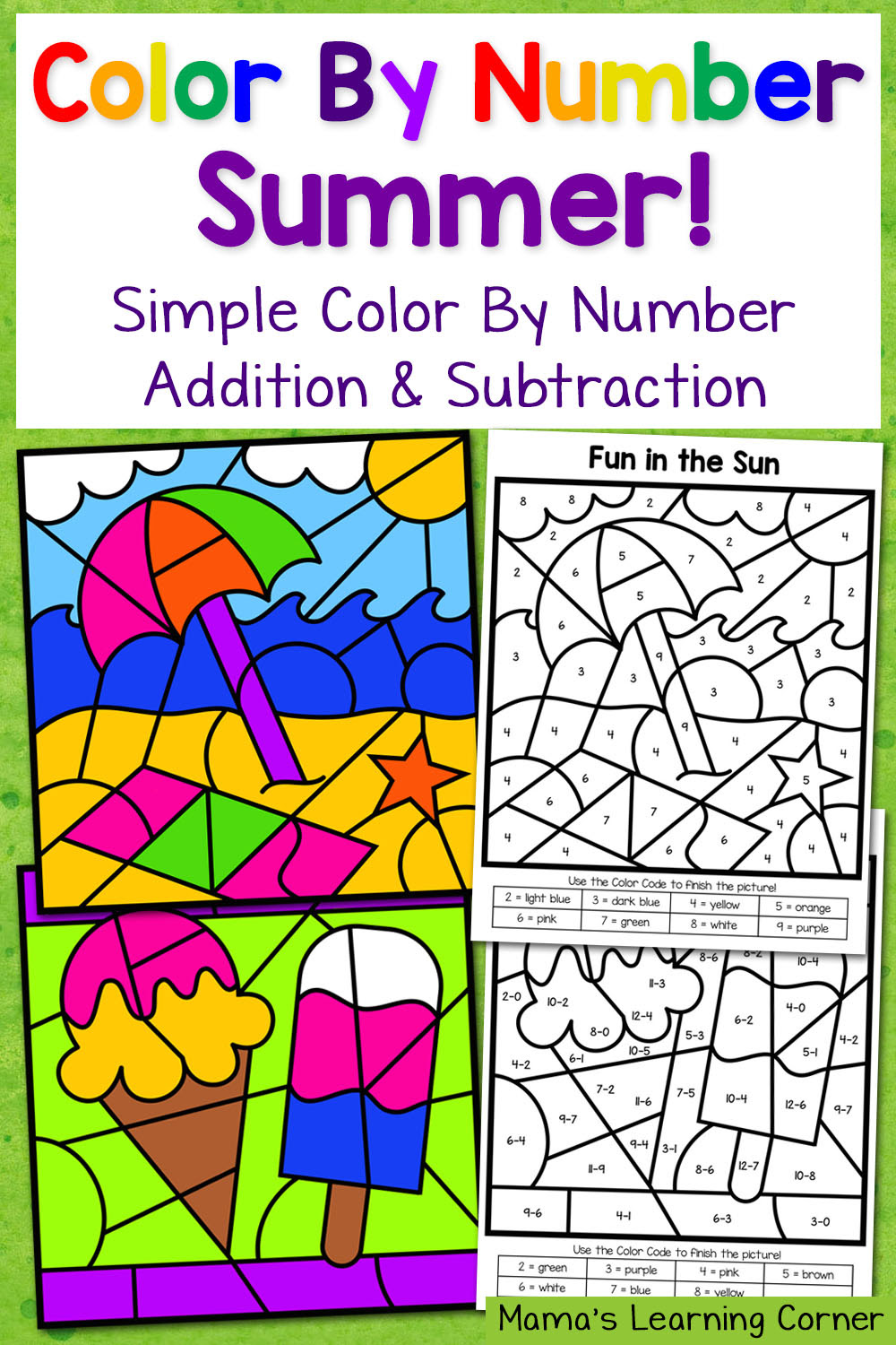 Summer Color By Number Worksheets with Simple Numbers Plus ...