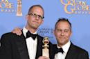 Pete Docter, left, and Jonas Rivera pose in the press room with the award for best motion picture - animated for “Inside Out” at the 73rd annual Golden Globe Awards on Sunday, Jan. 10, 2016, at the Beverly Hilton Hotel in Beverly Hills, Calif. (Photo by Jordan Strauss/Invision/AP)