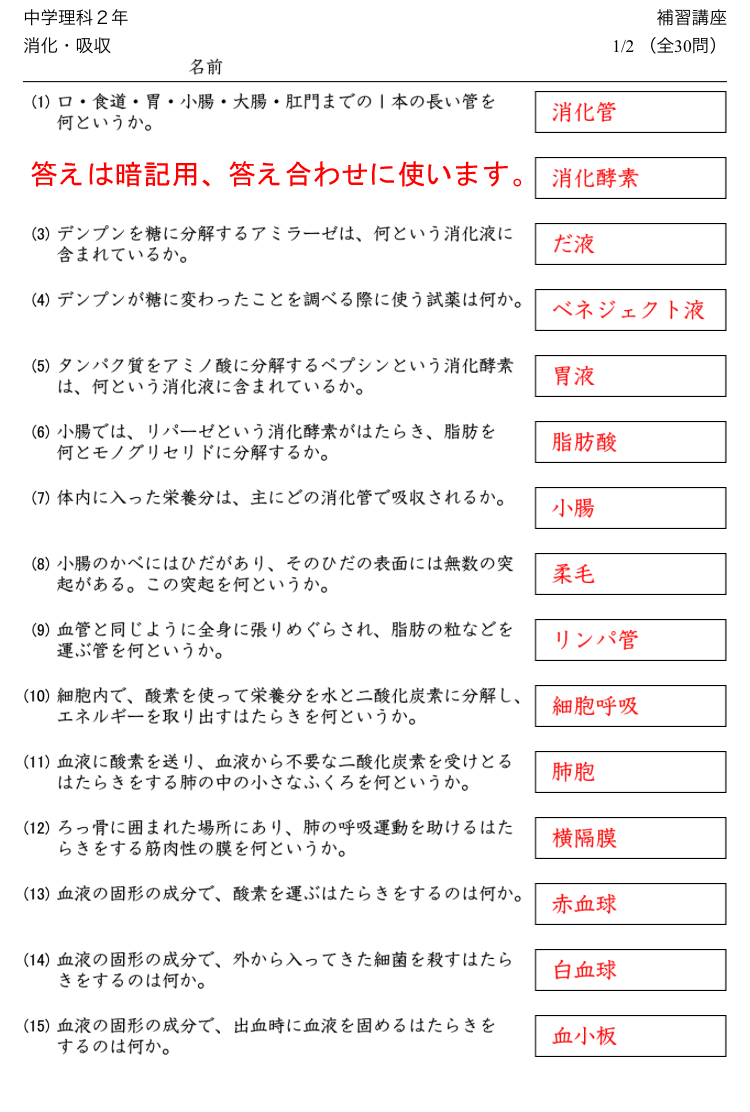 中学生向けの理科の問題プリント 時空先生の漢字マラソンプリント