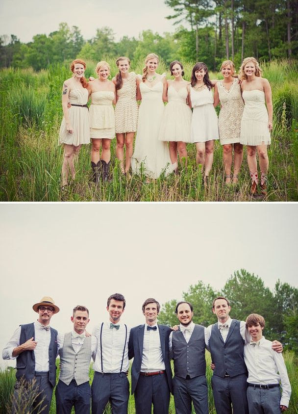 I love these! I really like the old fashioned mismatched groomsmen, and the bridesmaid dresses are gorgeous!