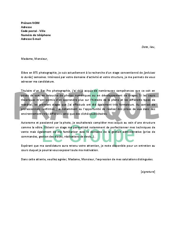 Lettre de motivation pour un stage de photographe  Pratique.fr