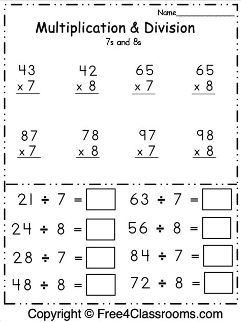 In math, the multiples of a number include all the numbers that result from multiplying that number by any whole number. free multiplication and division math worksheet free4classrooms