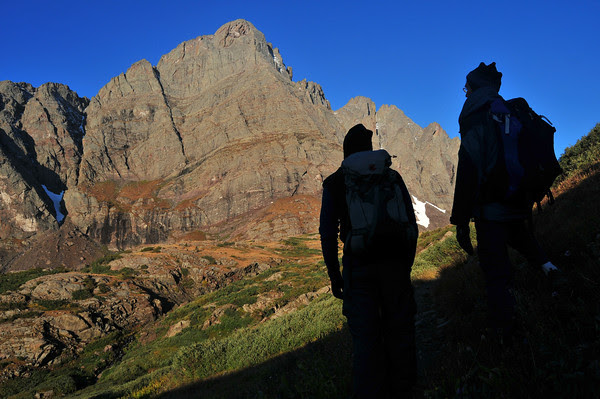The Lizard and Mike admire the Crestones from high on the Humboldt trail.
