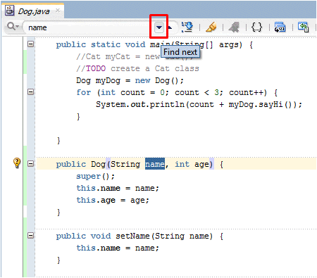 Source editor menu bar with down arrow in Search box indicated.