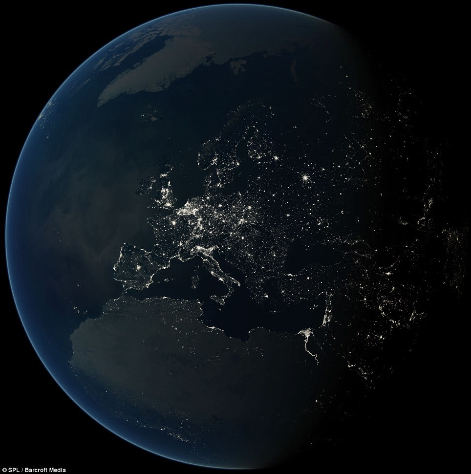 Contrast: This shot of the Western Hemisphere demonstrates a higher use of energy in Europe compared to Africa and Asia, and incredible bursts of light in London, Paris and Moscow
