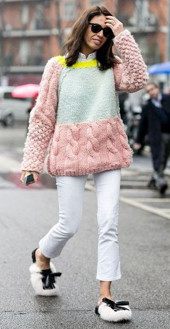 fashionable winter outfit / knit colorful sweater + white pants + fur shoes
