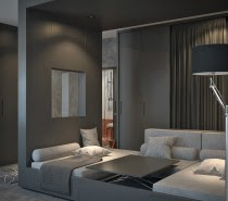 The first apartment, from designer Artem Shelipov, is a 33 square meter (355 square feet) studio designed for a young man living by himself. The main room acts as both living and sleeping room with a large convertible piece of furniture taking center stage. It can easily move from sofa with central coffee table to relaxing bedroom with just a few motions.