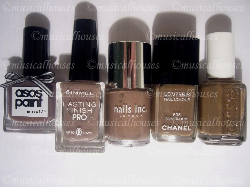 Asos Paints by Ciate Sienna, Rimmel Steel Grey, Nails Inc Jermyn Street, Chanel Particuliere, Essie Mink Muffs
