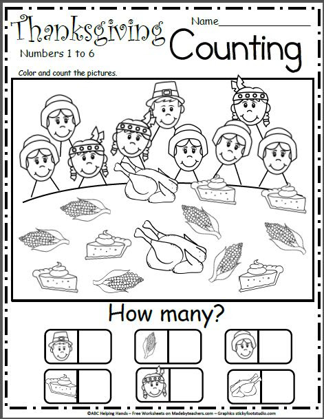 Browse printable kindergarten thanksgiving worksheets. free kindergarten worksheet for thanksgiving counting 1 to 6 made
