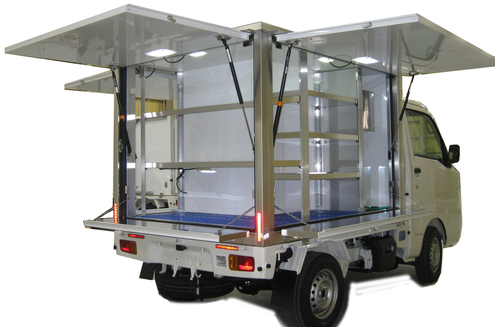 軽食品移動販売車 三方跳ね上げ式 カーライフ福島郡山店 移動販売車製作 販売 中古車入荷情報
