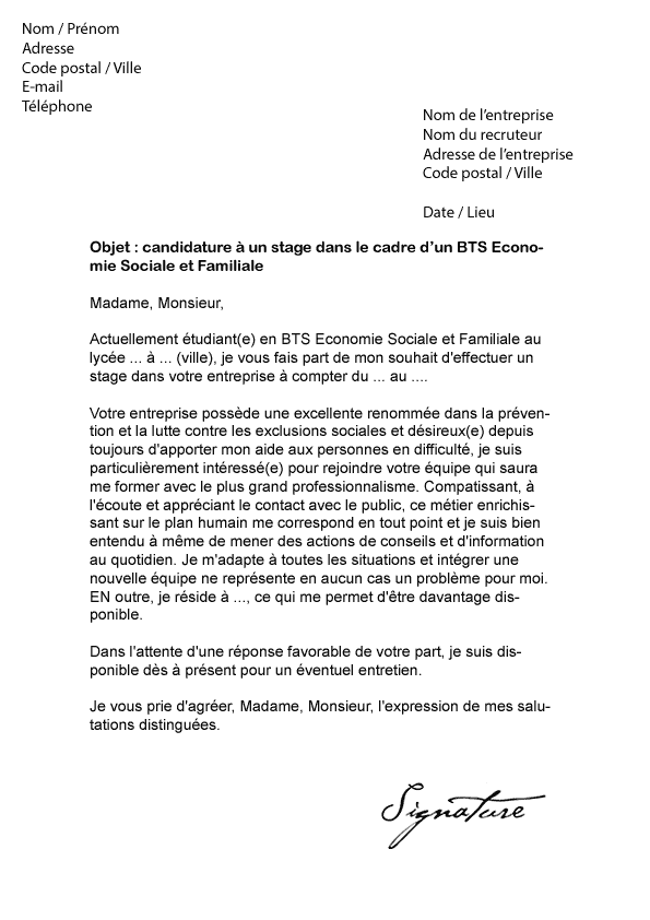 Lettre de motivation Stage BTS ESF - Modèle de Lettre