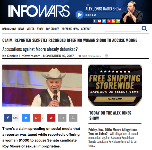 InfoWars also published the claim, asking if the accusations against Moore were "already debunked?"
