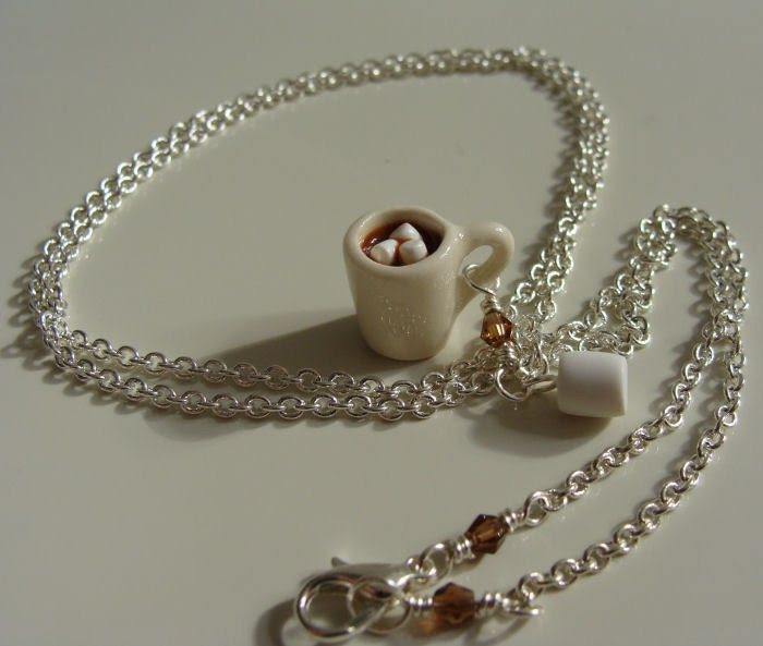 Hot Cocoa with Marshmallows Necklace - Miniature Food Polymer Clay Jewelry