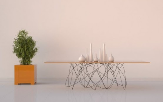 Interior Furniture : Modern Dining Table With Unique Legs - 1 Now I will ask you to remember a bit of physics lessons at school. Do you still remember what it is the quantum? In physics, a quantum is the minimum amount of any physical entity involved in the interaction. This dining table looks as if some cells move below the summit. Quantum is a dining table that designed by Jason Philips is interpreting what the movement or path of subatomic particles might look like. Heavy gauge steel wire hand formed, and then powder coated black and is a basis for the Corian base orange lacquered. We've seen a few other tables with legs that are not unusual but this one is unique thanks to uncommonness and simplicity at the same time. As a guest you will attract attention despite the simplicity of it. This table will be great additions to your modern bedroom, dining or even futuristic art deco. As quoted by Home Model Ideas from DigsDigs (Sunday, 22 April, 2012).