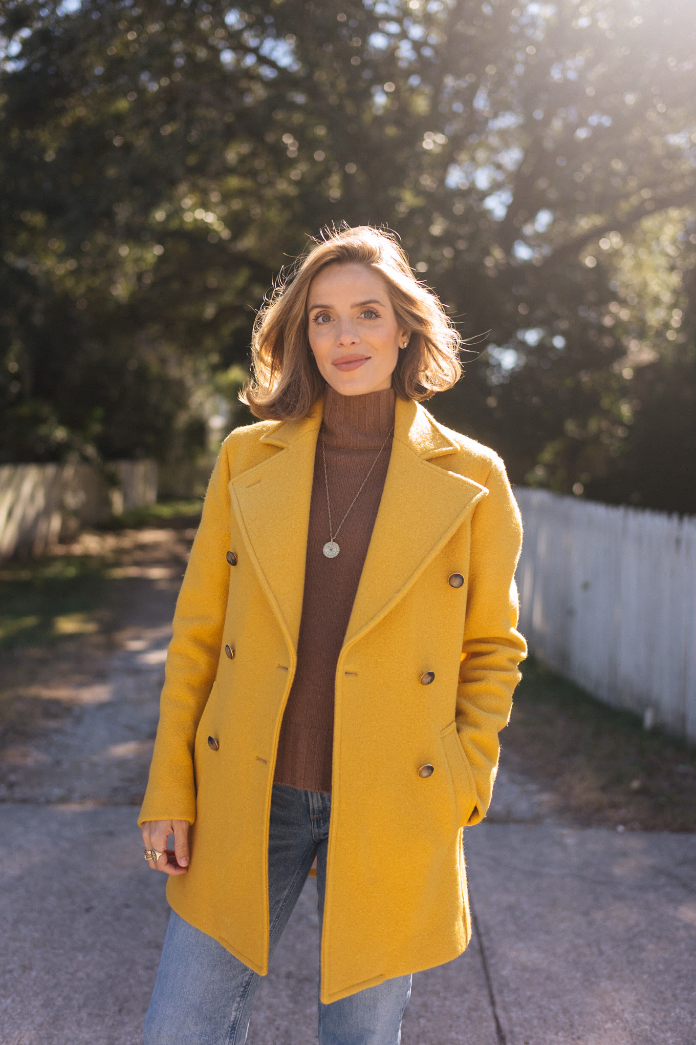 yellow double breasted wool felt coat