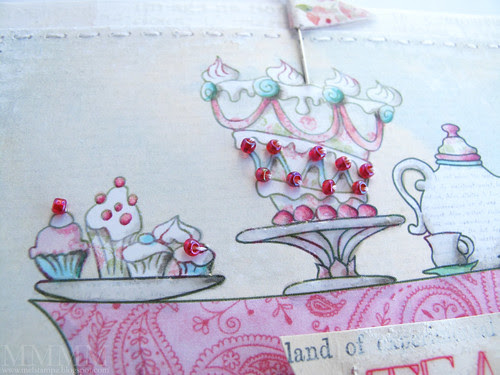 5 Colour in with copics and add clear lacquer on the tea set - stitch or glue beads on