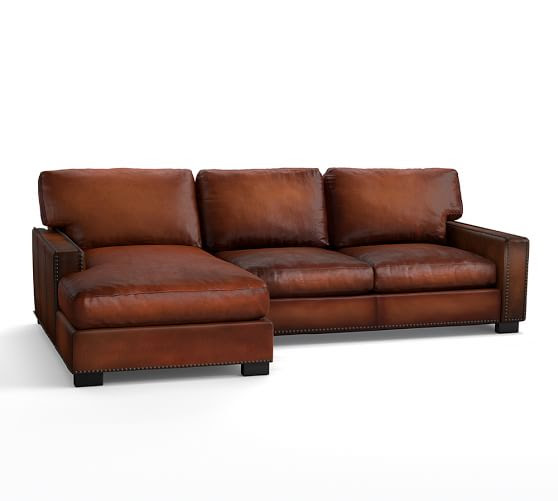 Turner Square Arm Leather Sofa with Chaise Sectional with Nailheads  Pottery Barn