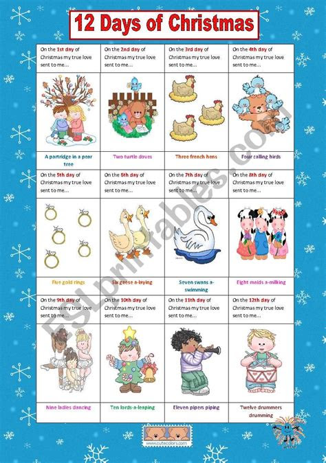  12 days of christmas esl worksheet by vanev