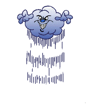 Angry little animated cartoon thunder storm cloud launching lightning bolts and rain