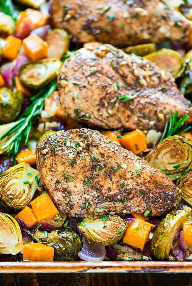 Spiced Sheet Pan Chicken with Sweet Potatoes, Apples, and Brussels Sprouts
