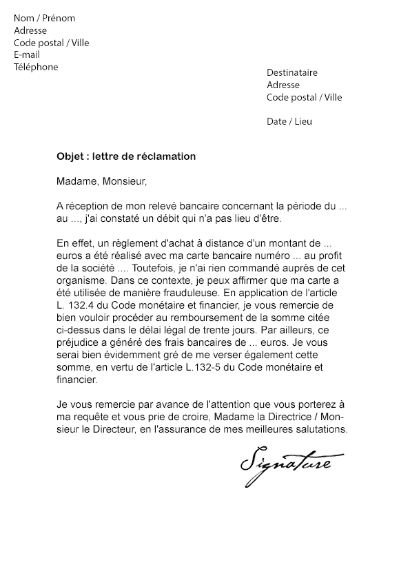 Lettre de réclamation Banque - Modèle de Lettre
