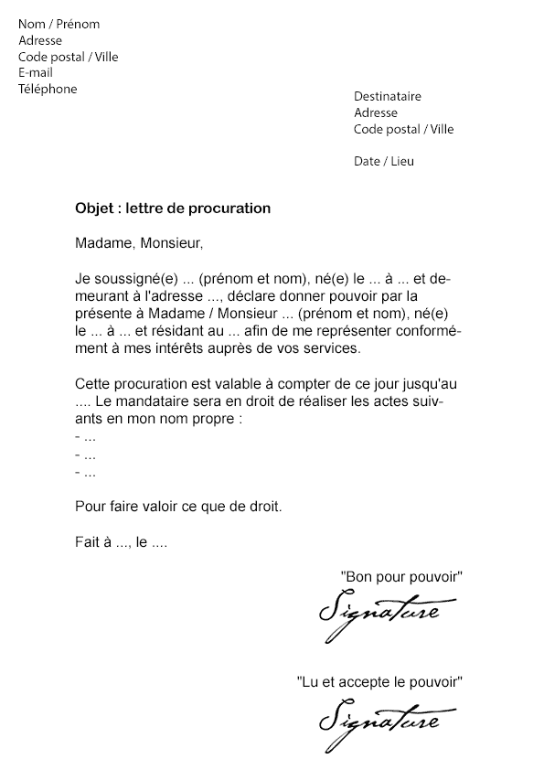 Lettre de procuration Simple - Modèle de Lettre