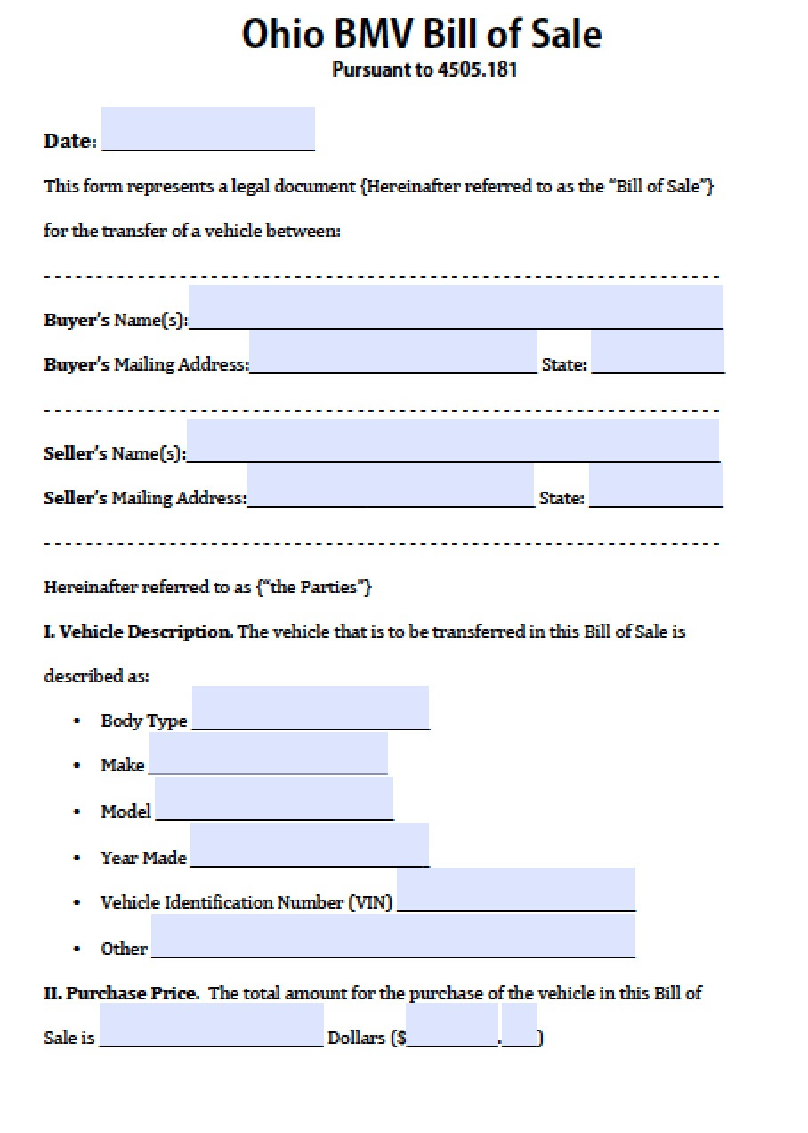 of vehicle sale pdf bill form of  Free PDF Bill Ohio  Form (.doc) (Vehicle)  BMV  Sale Word