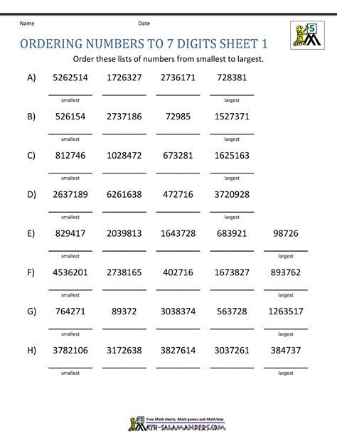  ordering large numbers 5th grade
